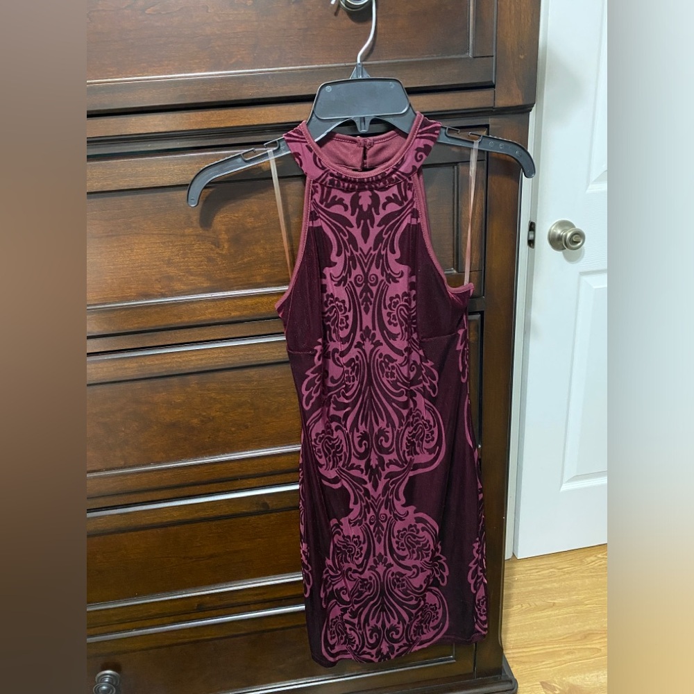 Burgundy High Neck Sleeveless Mini Dress with Cut Out Back